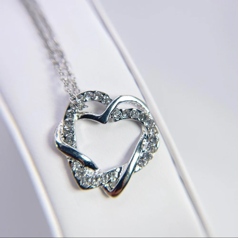 Two Hearts Pendant Necklace with Swarovski Crystals - Silver Heart Necklace gift